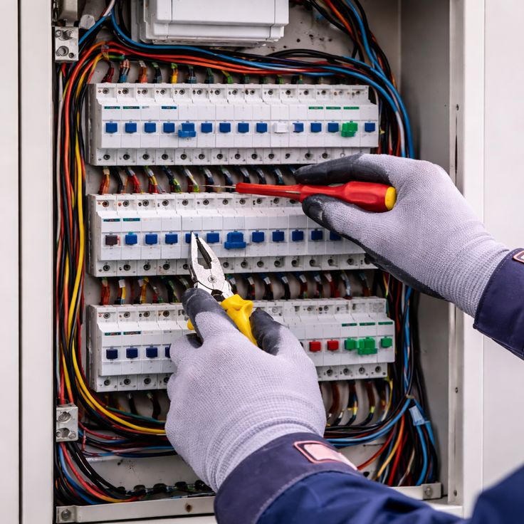 Mains gantées d'un électricien intervenant sur un tableau électrique
