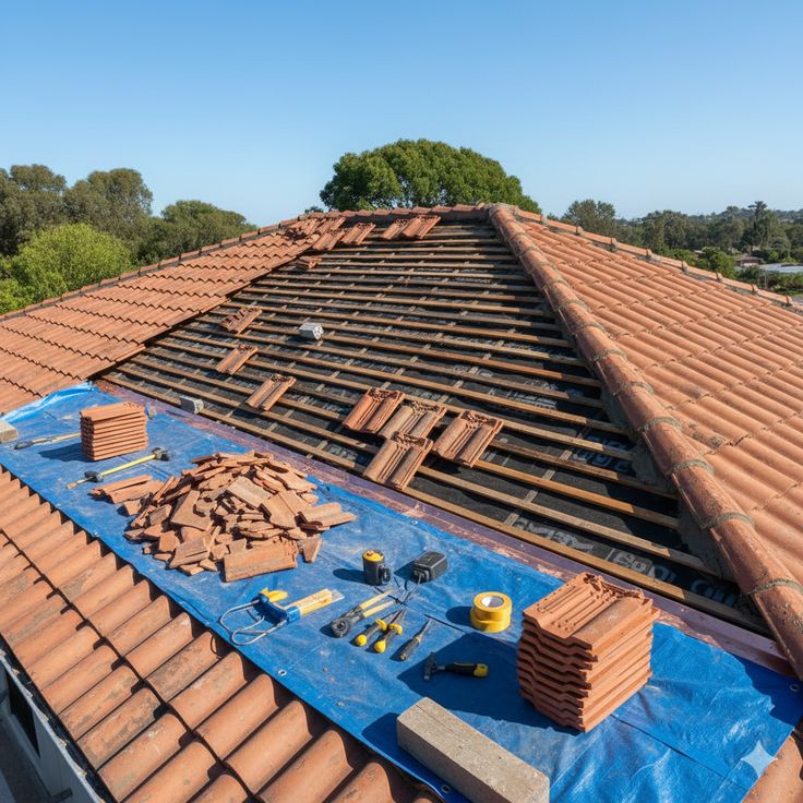 Chantier de couverture : tuiles et outillage disposés sur la toiture