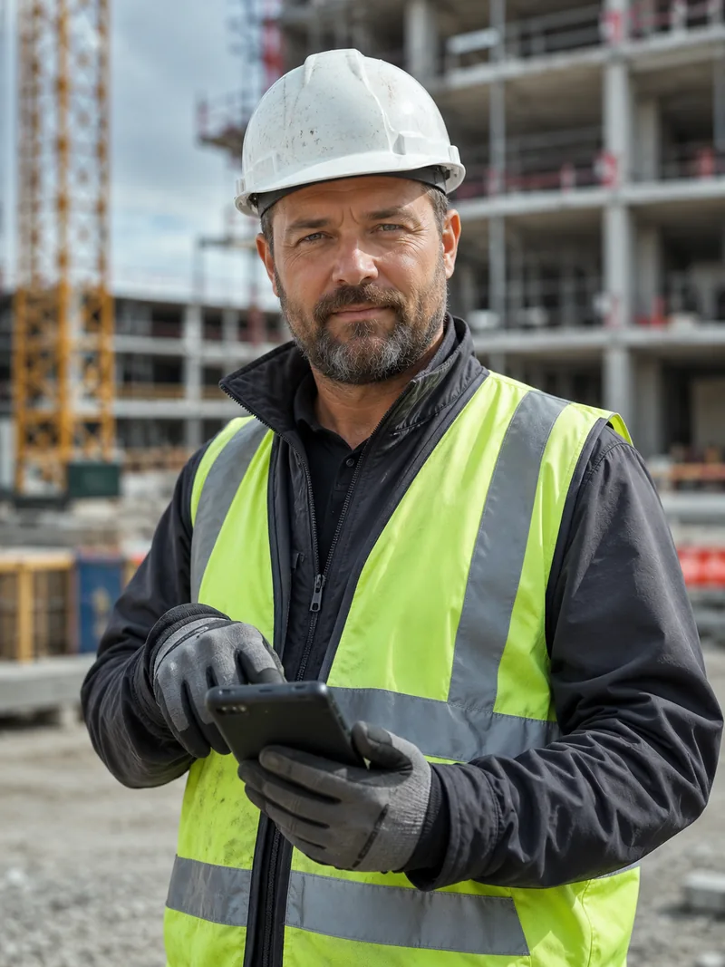 Chef de chantier saisissant sur son téléphone, avec des gants de chantier